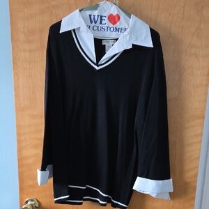 Notations Black V-Neck Sweater with White Trim